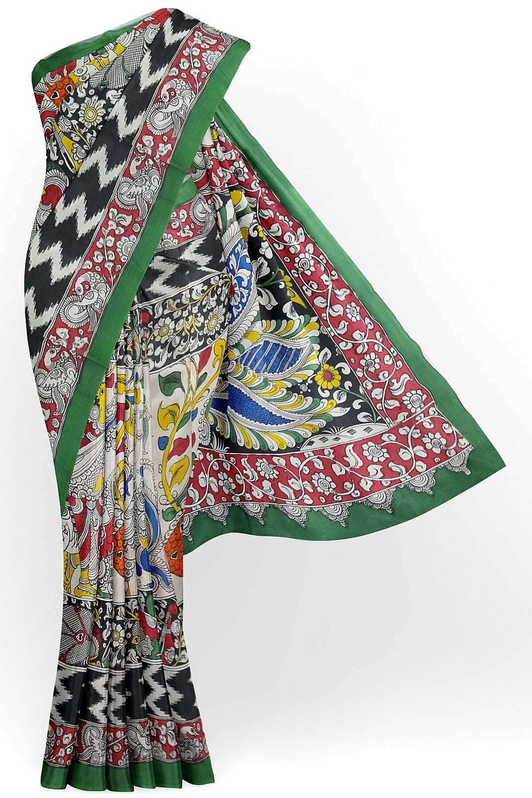 Hand drawn hand painted pen kalamkari silk cotton saree with peacock motif in pallu