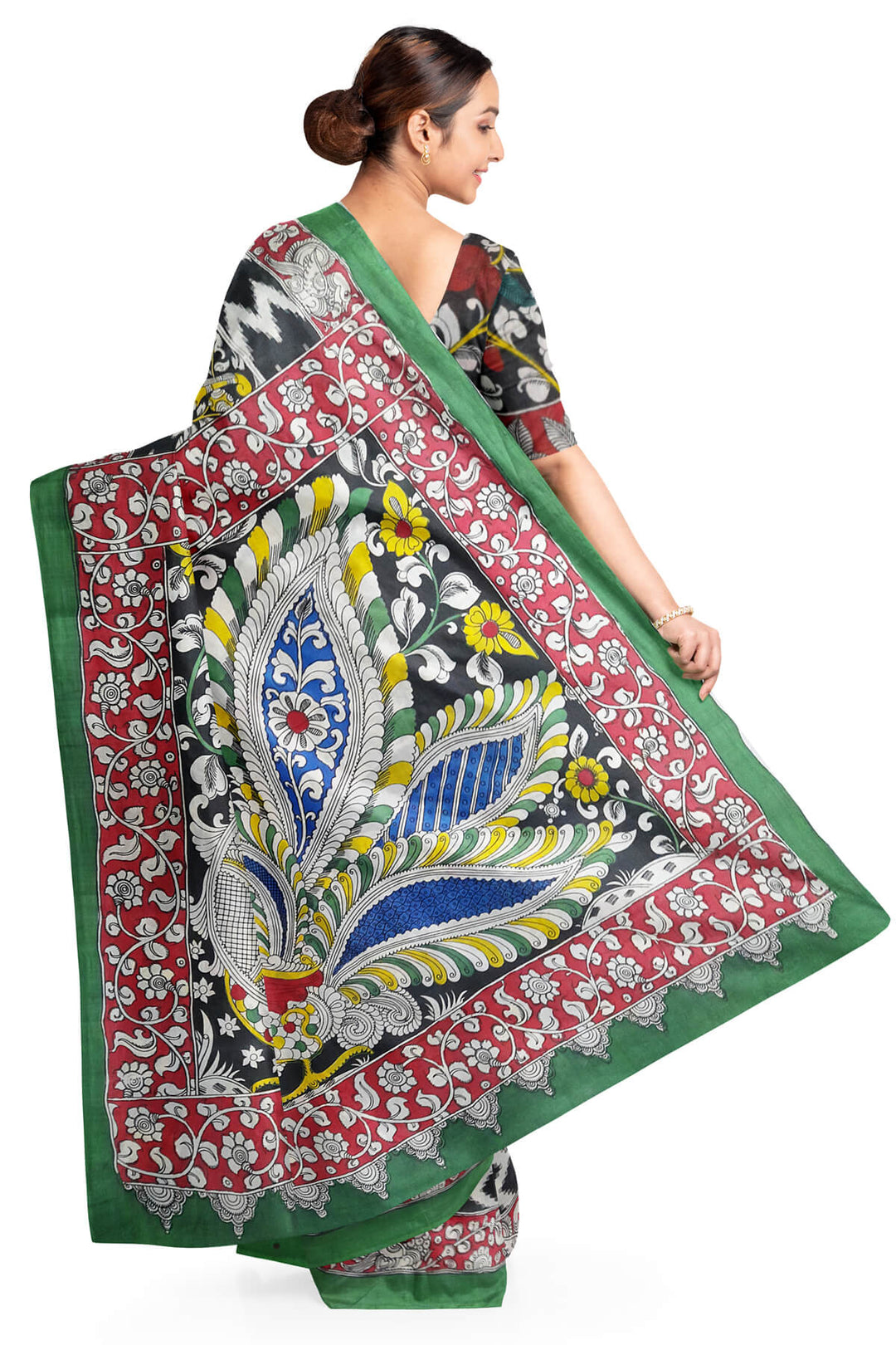 Hand drawn hand painted pen kalamkari silk cotton saree with peacock motif in pallu