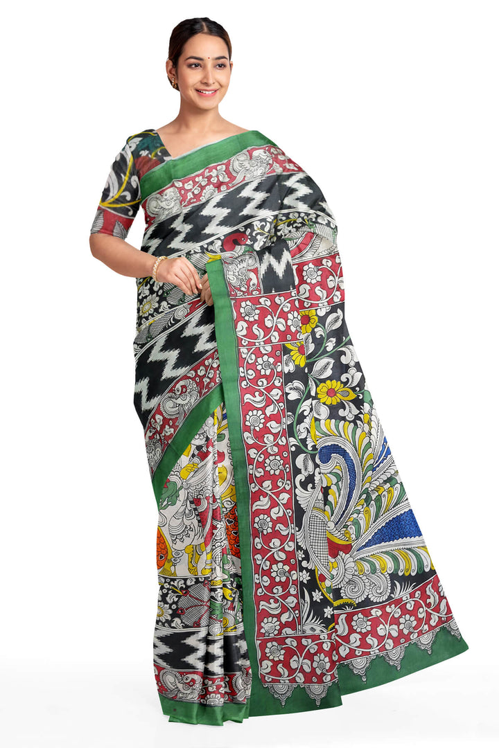 Hand drawn hand painted pen kalamkari silk cotton saree with peacock motif in pallu