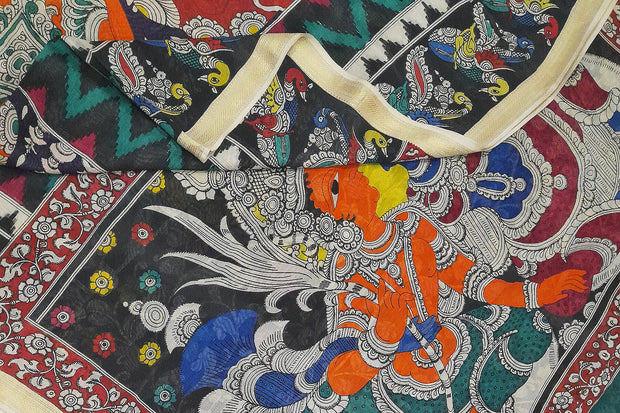 Hand drawn hand painted pen kalamkari silk cotton saree with colourful elephants