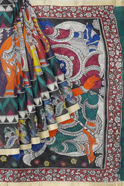 Hand drawn hand painted pen kalamkari silk cotton saree with colourful elephants