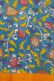 Hand painted Kalamkari on Bangalore silk saree in red with peacocks, tulips & lotuses .