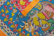 Hand painted Kalamkari on Bangalore silk saree in red with peacocks, tulips & lotuses .