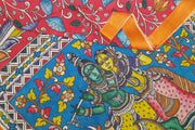 Hand painted Kalamkari on Bangalore silk saree in red with peacocks, tulips & lotuses .