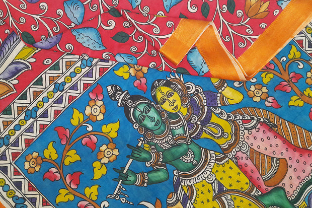 Hand painted Kalamkari on Bangalore silk saree in red with peacocks, tulips & lotuses .