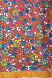 Hand painted Kalamkari on Bangalore silk saree in turquoise blue with  fish , birds  and lotus motifs.