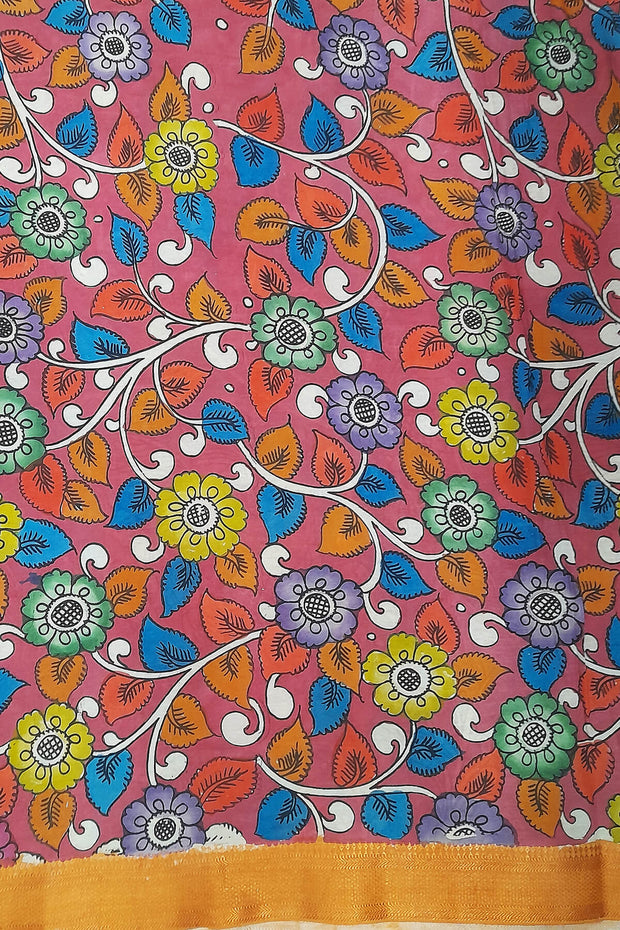 Hand painted Kalamkari on Bangalore silk saree in turquoise blue with  fish , birds  and lotus motifs.