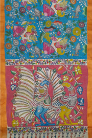 Hand painted Kalamkari on Bangalore silk saree in turquoise blue with  fish , birds  and lotus motifs.
