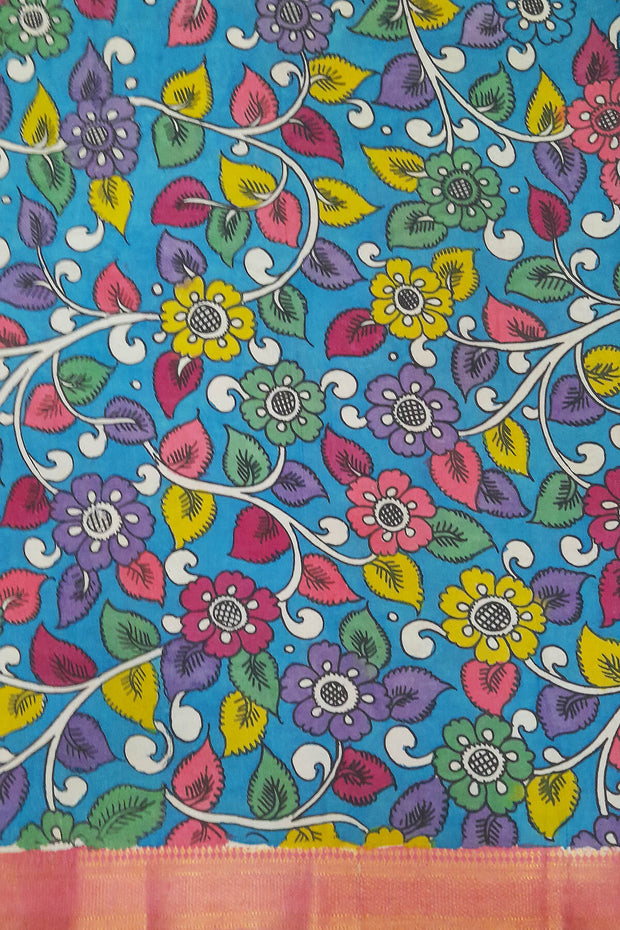 Handpainted Kalamkari on Bangalore silk saree in pink with  floral vines.