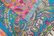 Handpainted Kalamkari on Bangalore silk saree in pink with  floral vines.