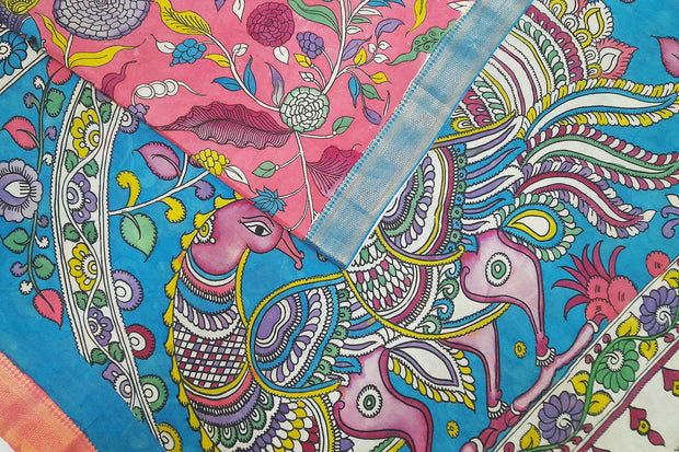 Handpainted Kalamkari on Bangalore silk saree in pink with  floral vines.