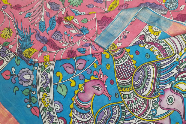 Handpainted Kalamkari on Bangalore silk saree in pink with  floral vines.