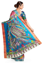 Handpainted Kalamkari on Bangalore silk saree in pink with  floral vines.