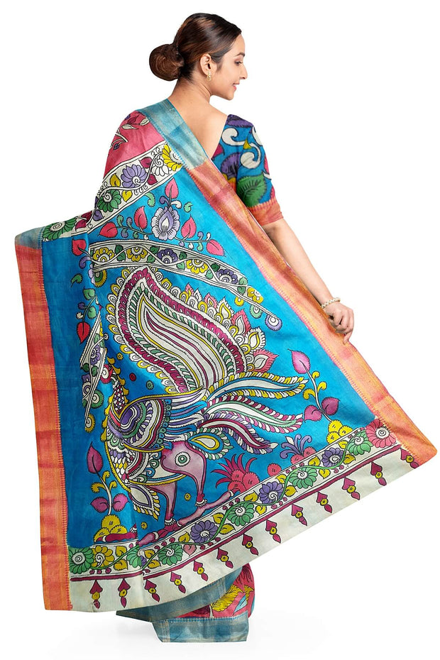 Handpainted Kalamkari on Bangalore silk saree in pink with  floral vines.
