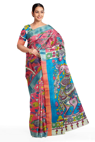Handpainted Kalamkari on Bangalore silk saree in pink with  floral vines.
