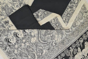 Hand painted  kalamkari pure cotton saree  in plain black on the body