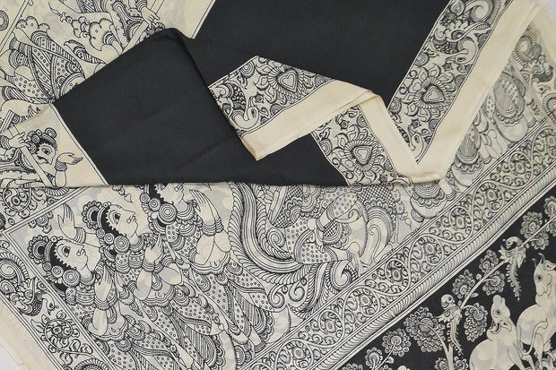 Hand painted  kalamkari pure cotton saree  in plain black on the body