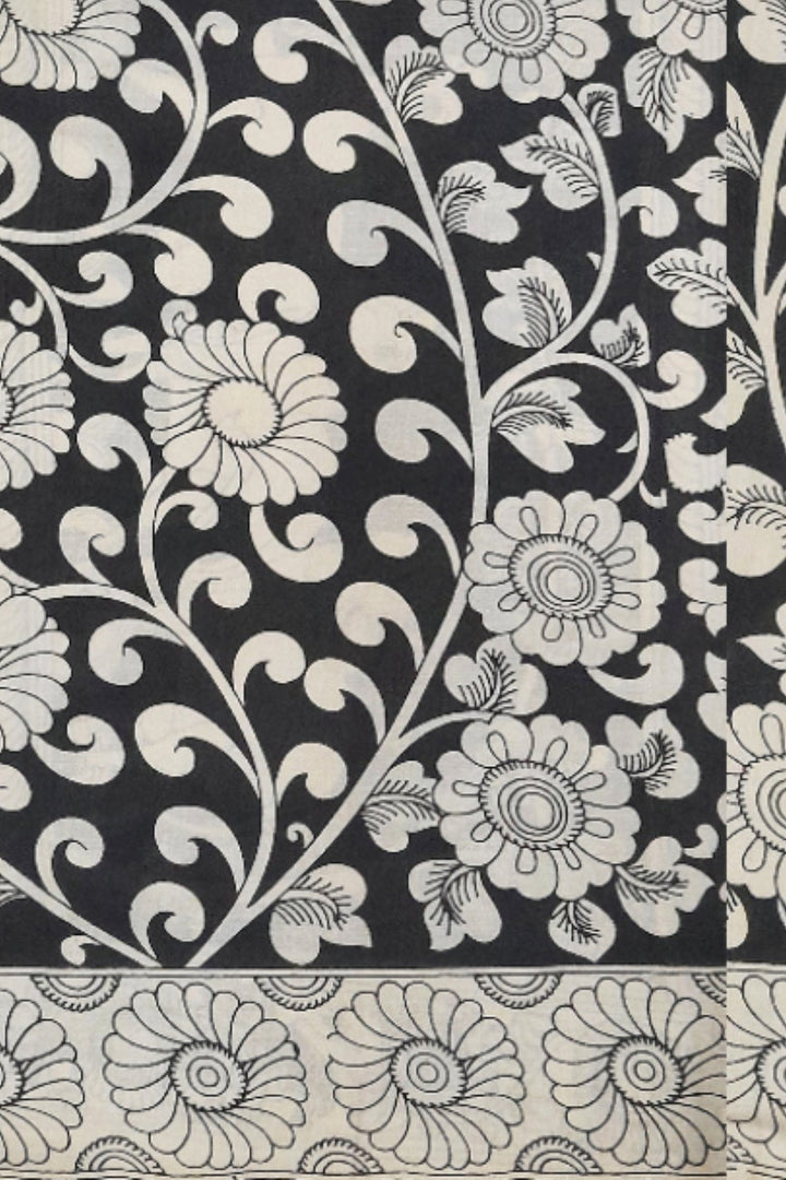 Hand painted  kalamkari pure cotton saree  in plain black on the body
