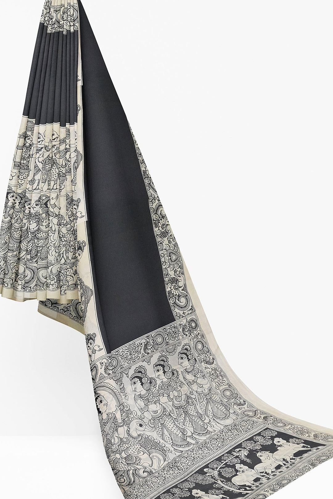 Hand painted  kalamkari pure cotton saree  in plain black on the body