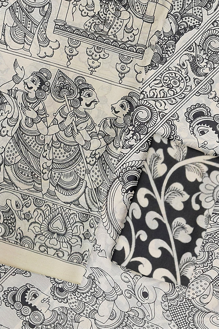 Hand painted  kalamkari pure cotton saree  in plain black on the body