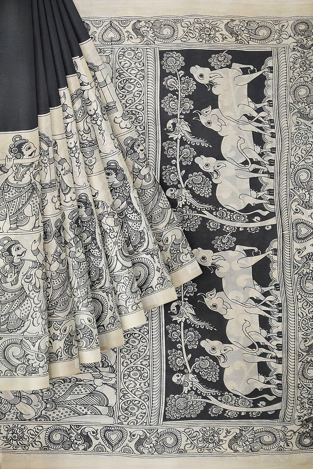 Hand painted  kalamkari pure cotton saree  in plain black on the body