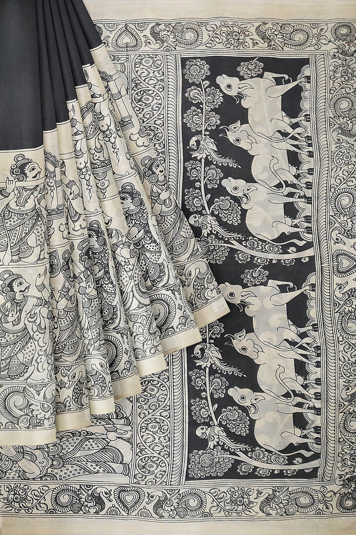 Hand painted  kalamkari pure cotton saree  in plain black on the body