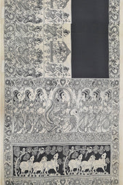 Hand painted  kalamkari pure cotton saree  in plain black on the body