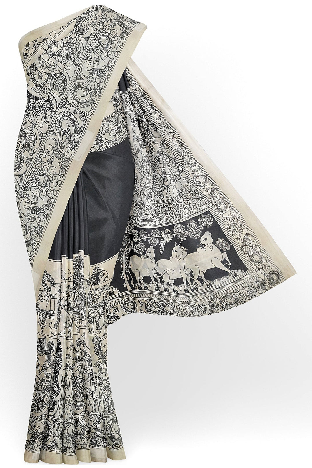 Hand painted  kalamkari pure cotton saree  in plain black on the body