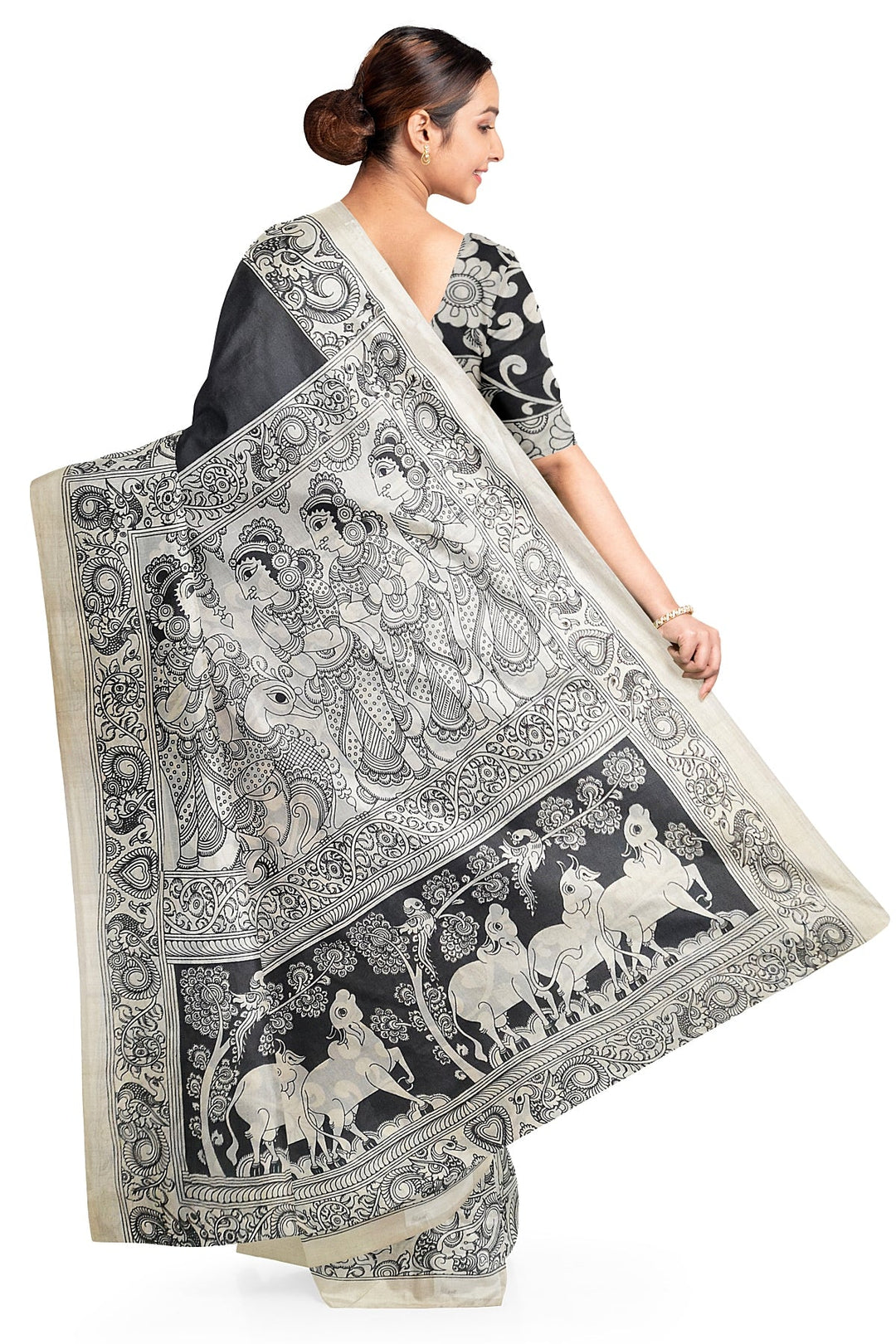 Hand painted  kalamkari pure cotton saree  in plain black on the body