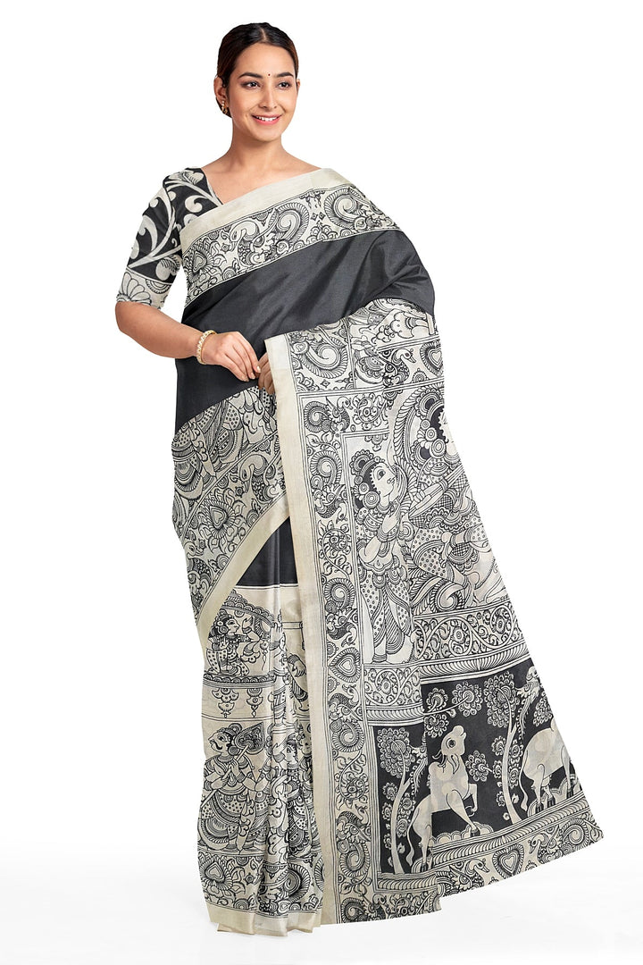 Hand painted  kalamkari pure cotton saree  in plain black on the body