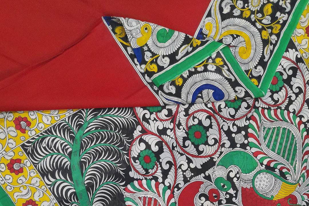 Hand painted  kalamkari pure cotton saree in  red with big border
