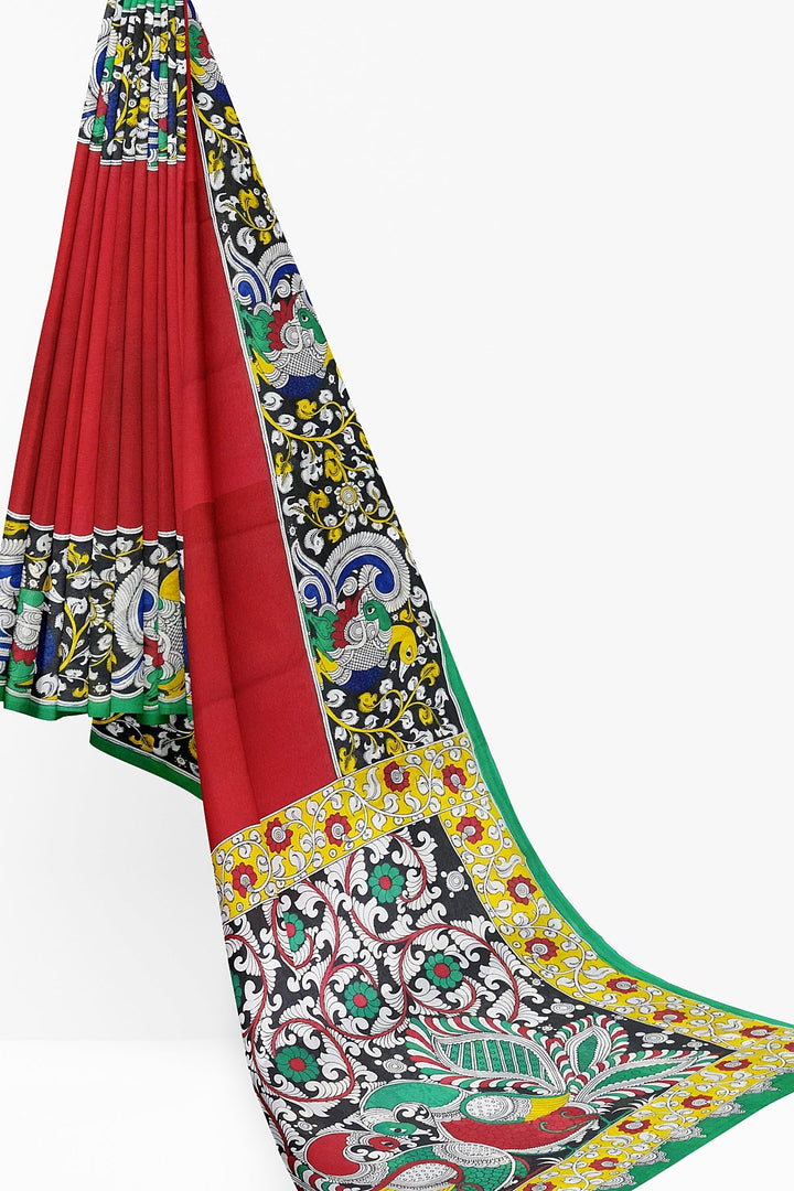 Hand painted  kalamkari pure cotton saree in  red with big border