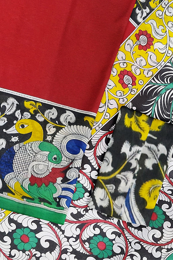 Hand painted  kalamkari pure cotton saree in  red with big border