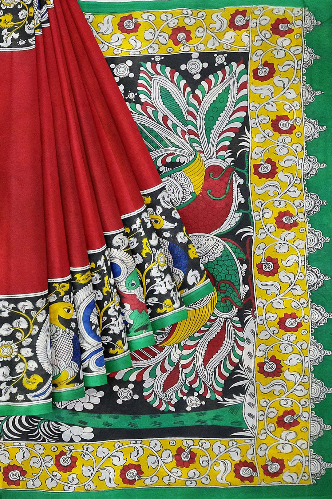 Hand painted  kalamkari pure cotton saree in  red with big border