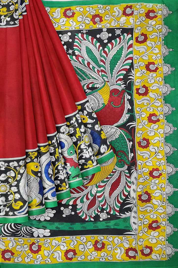 Hand painted  kalamkari pure cotton saree in  red with big border