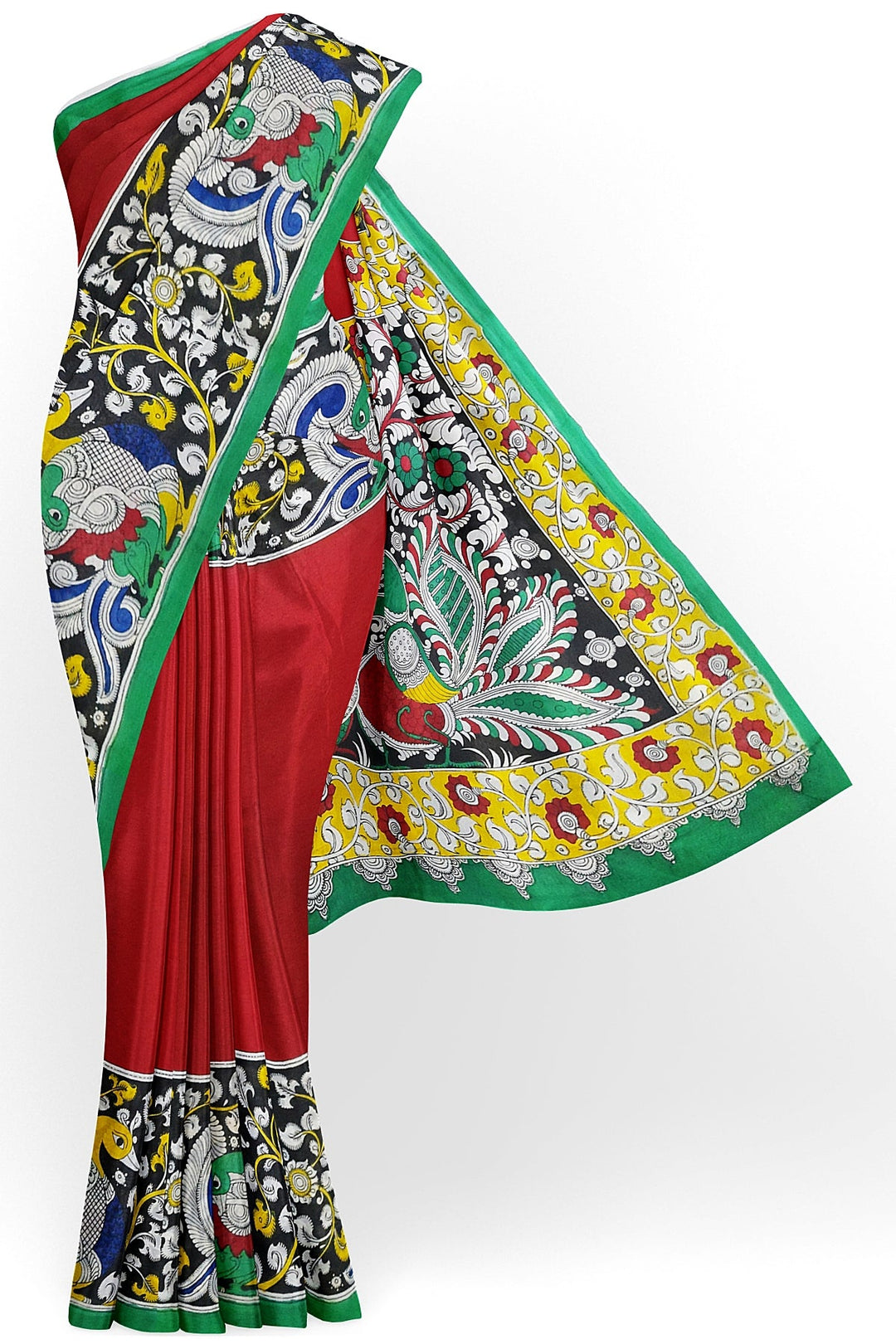 Hand painted  kalamkari pure cotton saree in  red with big border