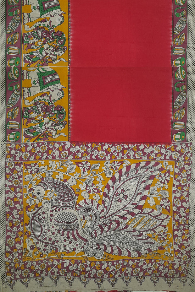 Printed Kalamkari pure cotton saree in red