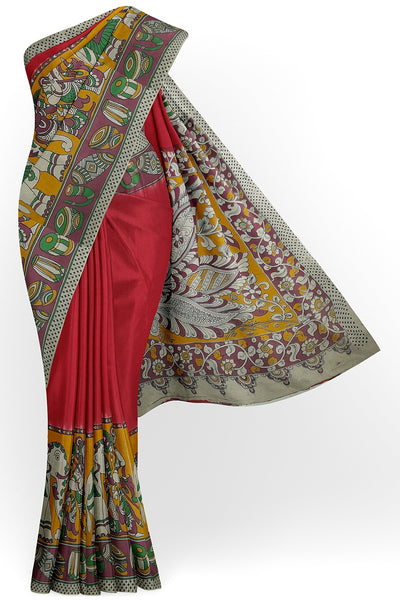 Printed Kalamkari pure cotton saree in red