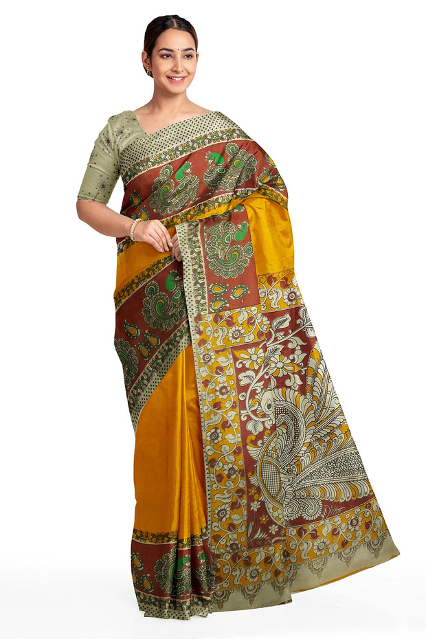Printed Kalamkari pure cotton saree in yellow with peacock motif in pallu