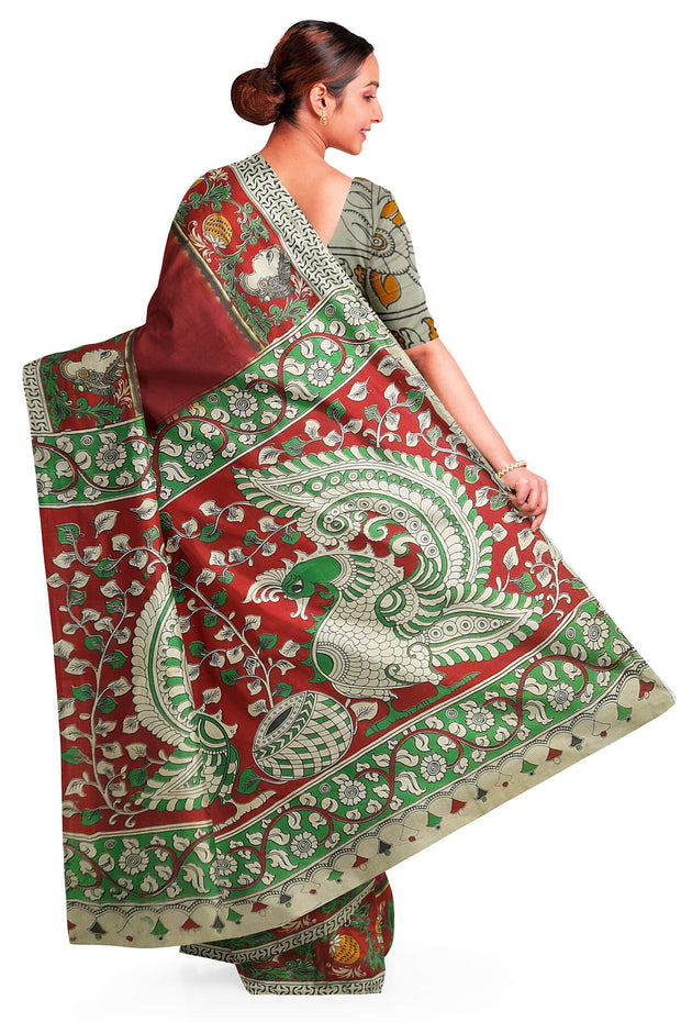 Printed Kalamkari pure cotton saree in maroon with bird  motifs in pallu