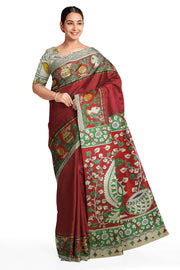 Printed Kalamkari pure cotton saree in maroon with bird  motifs in pallu