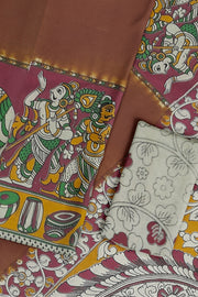 Printed Kalamkari pure cotton saree in brown with peacock motif in pallu