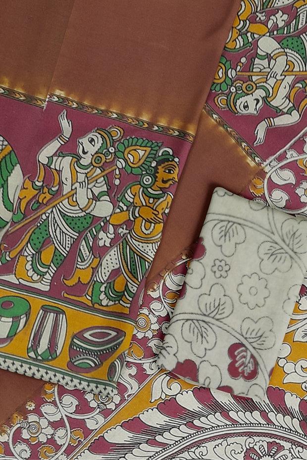 Printed Kalamkari pure cotton saree in brown with peacock motif in pallu