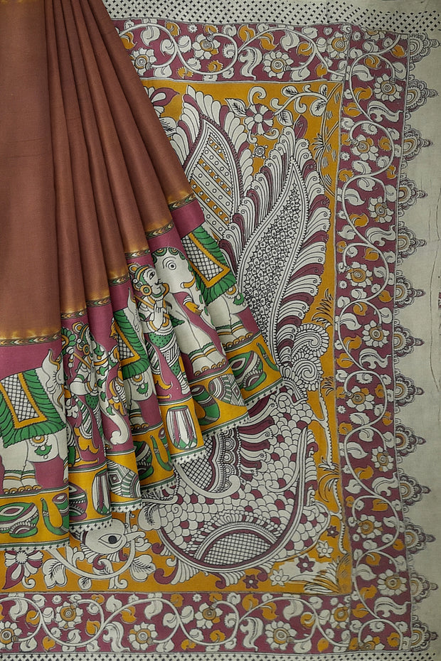 Printed Kalamkari pure cotton saree in brown with peacock motif in pallu