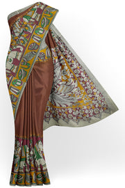Printed Kalamkari pure cotton saree in brown with peacock motif in pallu