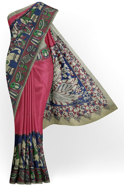 Printed Kalamkari pure cotton saree in pink with peacock motif in pallu
