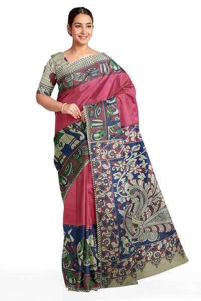 Printed Kalamkari pure cotton saree in pink with peacock motif in pallu