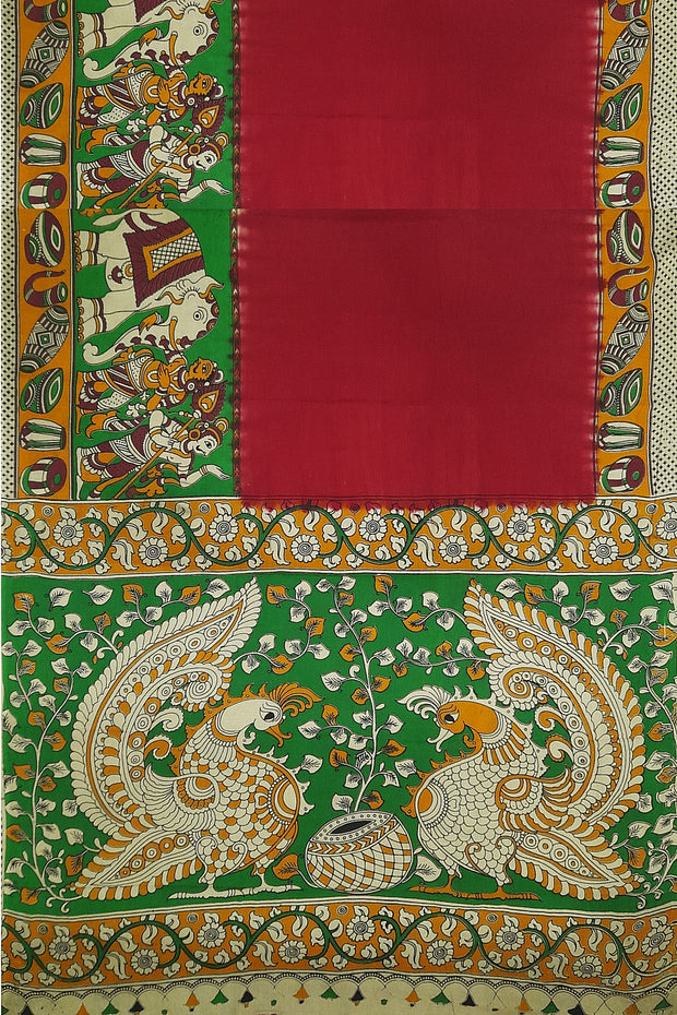 Printed Kalamkari pure cotton saree in red with bird motifs in pallu