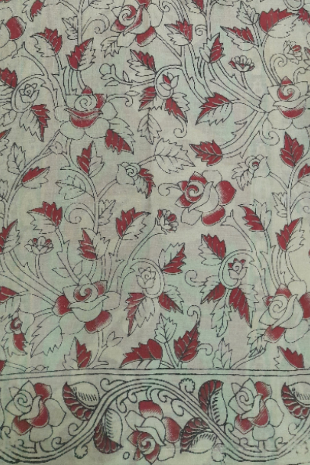 Printed Kalamkari pure cotton saree in green with floral pattern