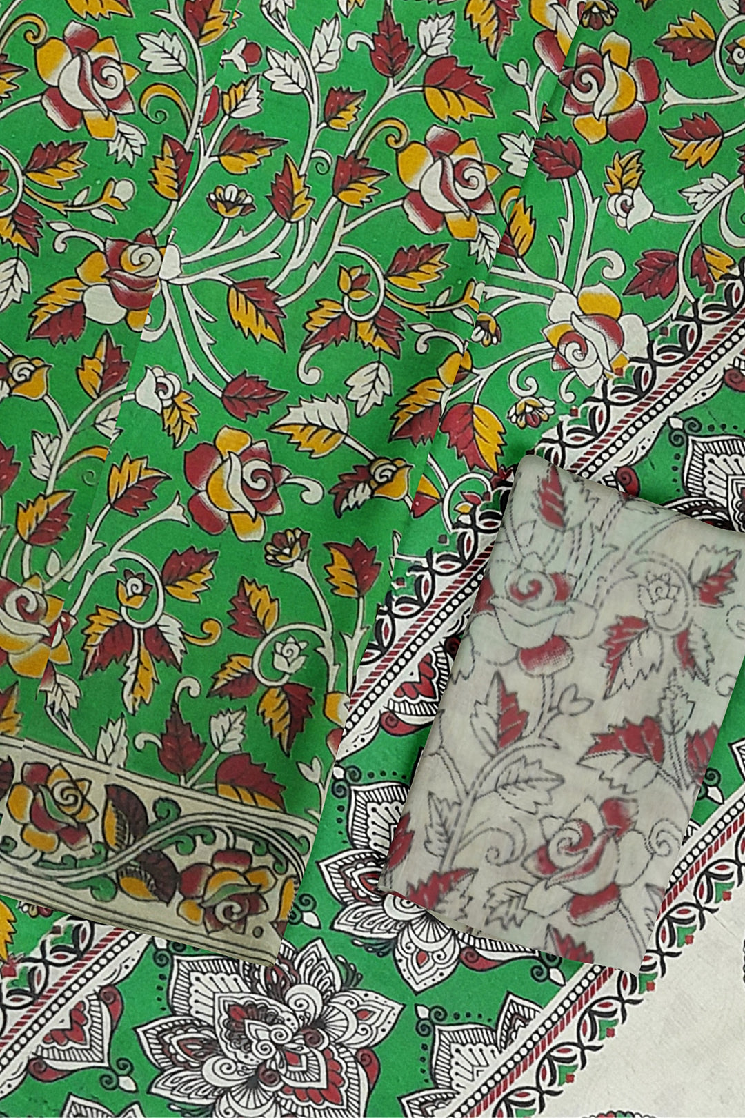Printed Kalamkari pure cotton saree in green with floral pattern